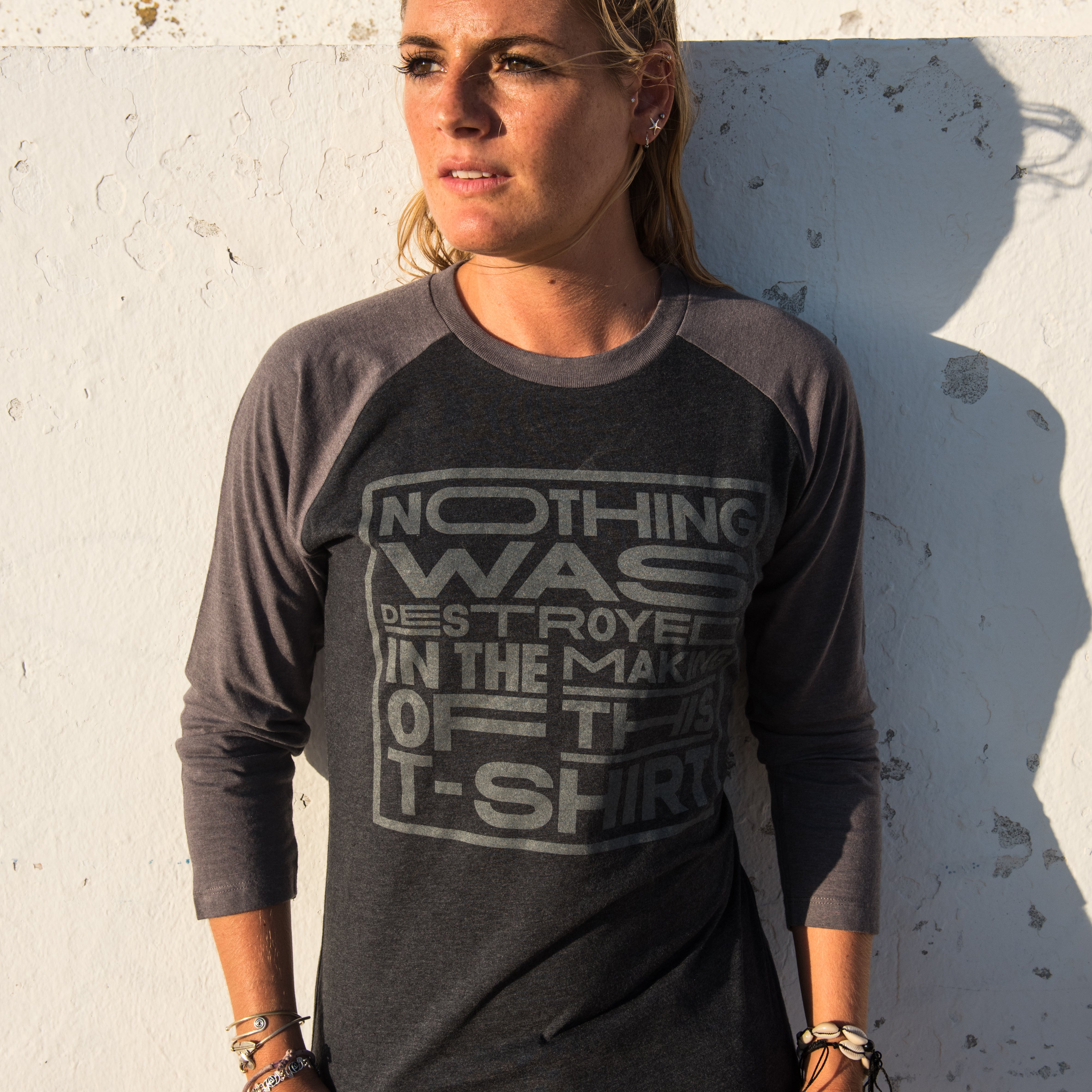 love gang, love gang store recycled clothing, recycled polyester, ethical clothing, sustainable clothing, vegan clothing,  save the planet, vegan tshirt, vegan slogan tee, vegan tee, vegan baseball tee, baseball tshirt,  baseball tee, nothing was destroyed in the making of this t shirt, nothing was destroyed.  maglietta vegana etica sostenibile: camiseta  vegano ético y sostenible. Vegan gift ideas. sustainable gift.  Vegan gift ideas. Sustainable gifts. present for vegans. sustainable present. 