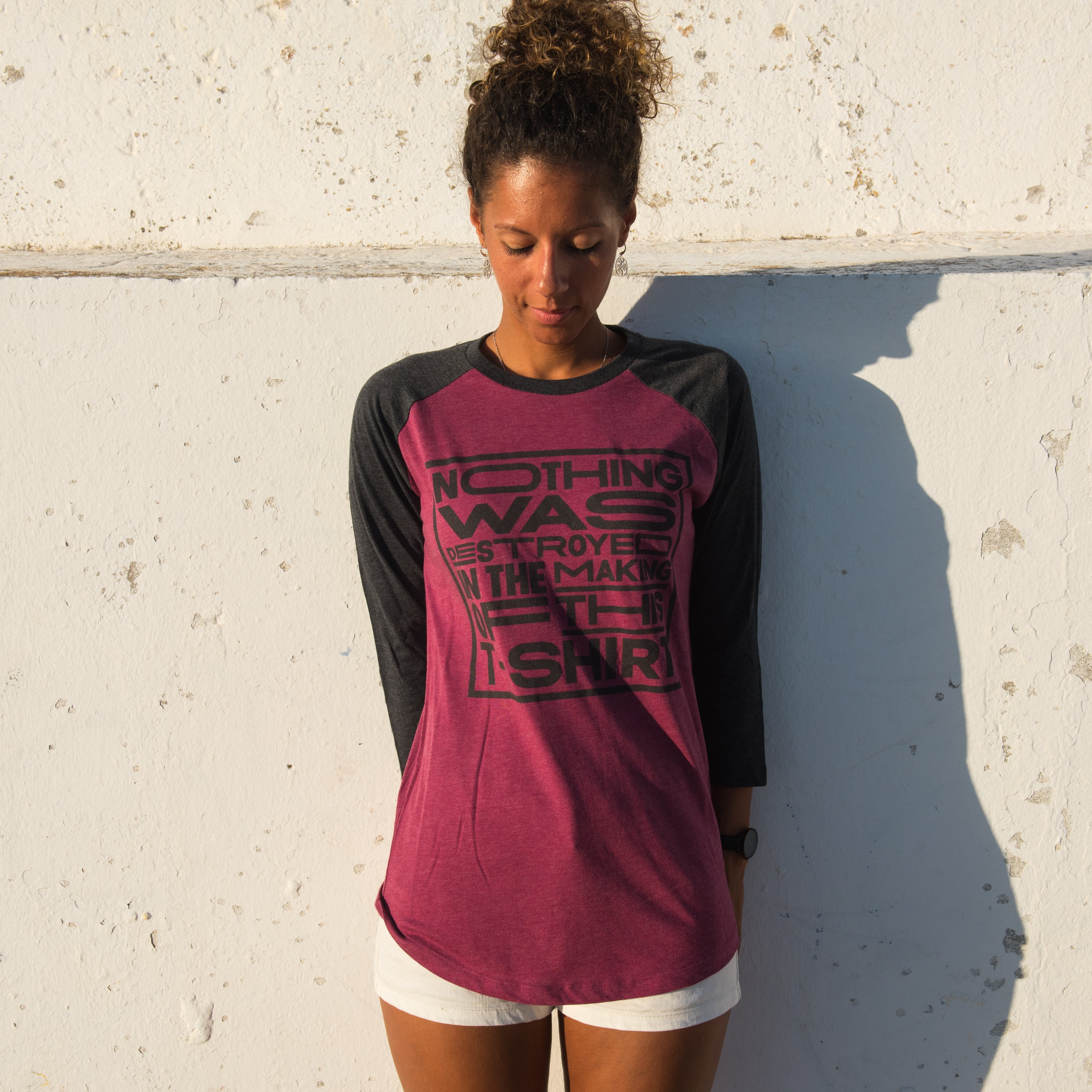 Love gang, love gang store recycled clothing, recycled polyester, ethical clothing, sustainable clothing, vegan clothing,  save the planet, vegan tshirt, vegan slogan tee, vegan tee, vegan baseball tee, baseball tshirt,  baseball tee, nothing was destroyed in the making of this t shirt, nothing was destroyed.  maglietta vegana etica sostenibile: camiseta  vegano ético y sostenible. Vegan gift ideas. sustainable gift.  Vegan gift ideas. Sustainable gifts. present for vegans. sustainable present. 