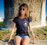 Black tee shirt with vegan slogan !save our skies, save our seas" with a nice circular logo that shows the constellations and the sea. The the tee shirt has slightly rolled sleeves giving it a rock and roll style look. 